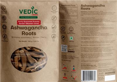 Vedic Herbs Ashwagandha Roots source label used in the packaging illustration