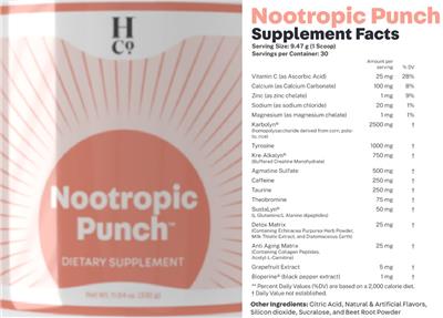H Co. Nootropic Punch source label used in the packaging illustration