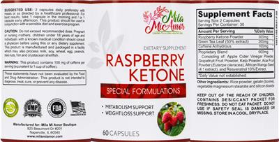 MilaMiAmor Raspberry Ketone product packaging