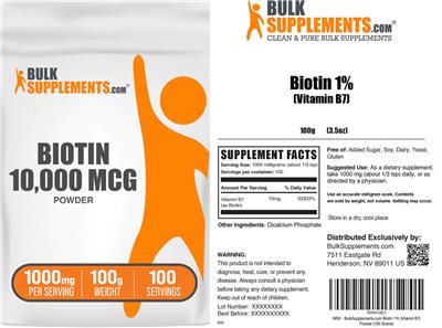 BulkSupplements.com Biotin 10000 mcg Powder source label used in the packaging illustration