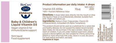 BioCare Baby & Children's Liquid Vitamin D3 400 IU source label used in the packaging illustration