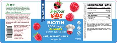 Lifeable Kids Biotin 5000 mcg Sugar Free Gummies Rapsberry Flavor source label used in the packaging illustration