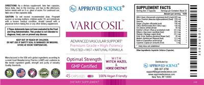 Approved Science Varicosil source label used in the packaging illustration