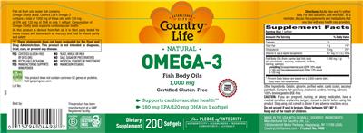 Country Life Natural Omega-3 Fish Body Oils 1000 mg source label used in the packaging illustration