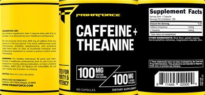 PrimaForce Caffeine 100 mg + Theanine 100 mg source label used in the packaging illustration