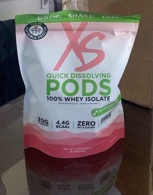 XS 100% Whey Isolate Quick Dissolving Pods Strawberry source label used in the packaging illustration