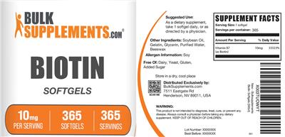 BulkSupplements.com Biotin Softgels 10 mg source label used in the packaging illustration