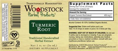 Woodstock Herbal Products Turmeric Root source label used in the packaging illustration