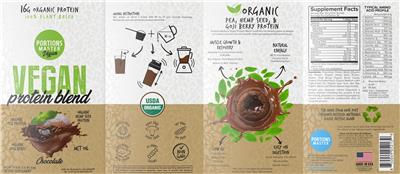 Portions Master Vegan Vegan Protein Blend Chocolate source label used in the packaging illustration