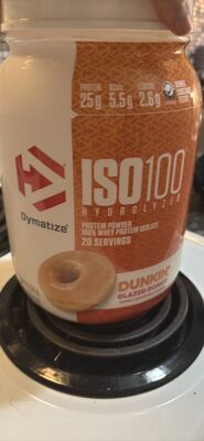 Dymatize ISO100 Hydrolyzed Dunkin' Glazed Donuts source label used in the packaging illustration