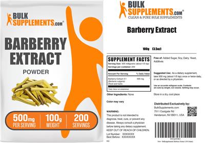 BulkSupplements.com Barberry Extract Powder 500 mg source label used in the packaging illustration