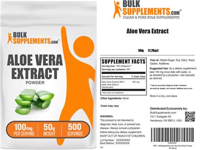 BulkSupplements.com Aloe Vera Extract Powder 100 mg source label used in the packaging illustration