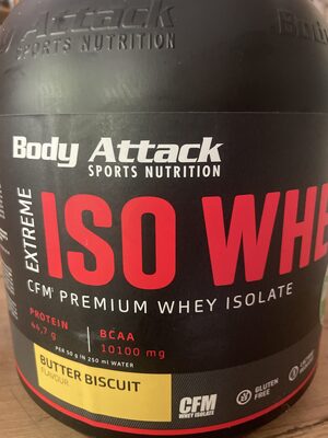 Body Attack Sports Nutrition Extreme Iso Whey Butter Biscuit source label used in the packaging illustration