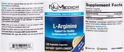 NuMedica L-Arginine 750 mg source label used in the packaging illustration