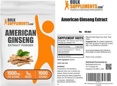 BulkSupplements.com American Ginseng Extract Powder 1000 mg source label used in the packaging illustration