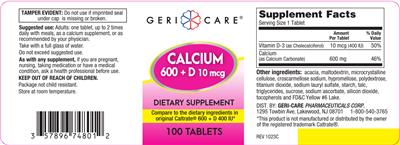 Geri-Care Calcium 600 + D 10 mcg source label used in the packaging illustration