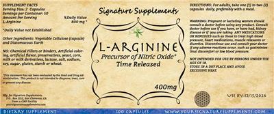 Signature Supplements L-Arginine 400 mg source label used in the packaging illustration