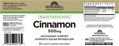 Windmill Cinnamon 500 mg source label used in the packaging illustration