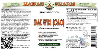Hawaii Pharm Bai Wei (Cao) Non-Alcohol source label used in the packaging illustration