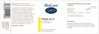 BioCare Mega GLA source label used in the packaging illustration