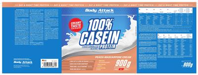 Body Attack Sports Nutrition 100% Casein Protein Peach-Mascarpone Cream source label used in the packaging illustration