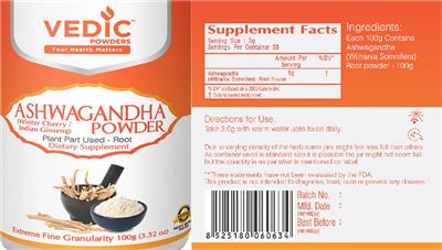 Vedic Powders Ashwagandha Powder source label used in the packaging illustration