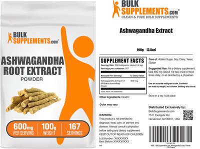BulkSupplements.com Ashwagandha Root Extract Powder 600 mg source label used in the packaging illustration