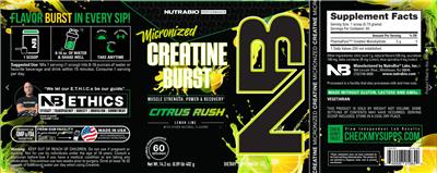 NutraBio Performance Micronized Creatine Burst Citrus Rush Lemon Lime source label used in the packaging illustration