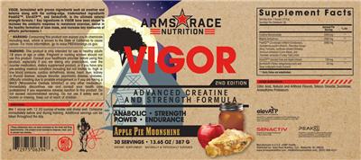 Arms Race Nutrition Vigor 2nd Edition Apple Pie Moonshine source label used in the packaging illustration
