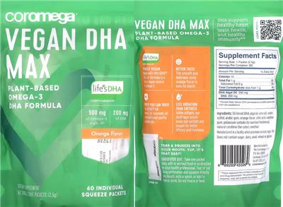 Coromega Vegan DHA Max source label used in the packaging illustration