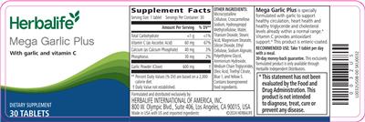 Herbalife Mega Garlic Plus source label used in the packaging illustration