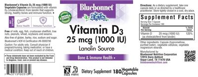 Bluebonnet Vitamin D3 25 mcg (1000 IU) source label used in the packaging illustration