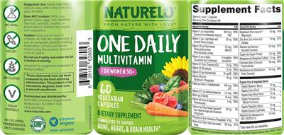 NATURELO One Daily Multivitamin for Women 50+ source label used in the packaging illustration