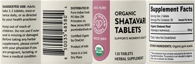 Pure Indian Foods Organic Shatavari Tablets source label used in the packaging illustration