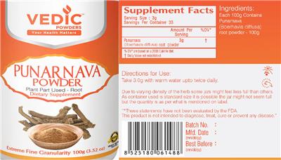 Vedic Powders Punarnava Powder source label used in the packaging illustration