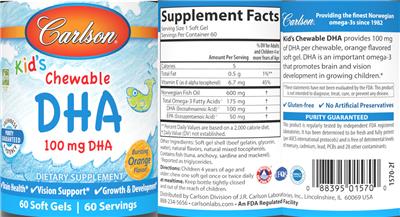 Carlson Kid's Chewable DHA 100 mg Bursting Orange Flavor! source label used in the packaging illustration