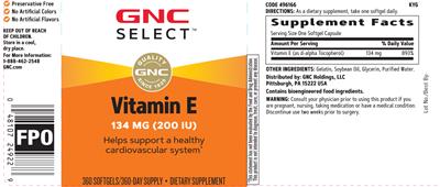 GNC Select Vitamin E 134 mg (200 IU) source label used in the packaging illustration