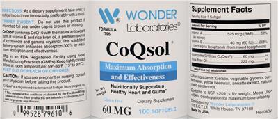 Wonder Laboratories CoQsol 60 mg source label used in the packaging illustration