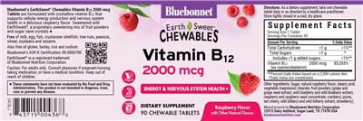 Bluebonnet EarthSweet Chewables Vitamin B12 2000 mcg Raspberry Flavor source label used in the packaging illustration