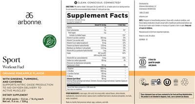 Arbonne Sport Workout Fuel Orange Pineapple Flavor source label used in the packaging illustration