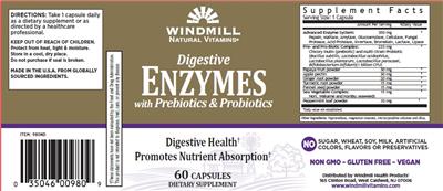 Windmill Natural Vitamins Digestive Enzymes with Prebiotics & Probiotics source label used in the packaging illustration