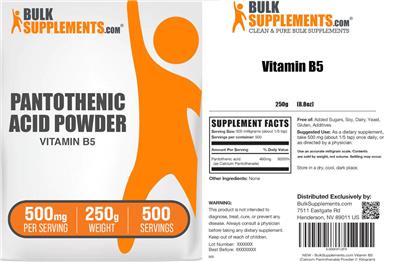 BulkSupplements.com Pantothenic Acid Vitamin B5 Powder 500 mg product packaging