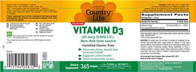 Country Life Vitamin D3 125 mcg (5000 IU) product packaging