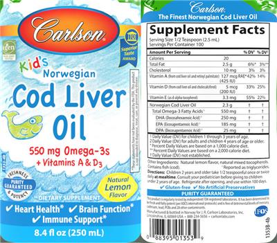 Carlson Kid's Norwegian Cod Liver Oil Natural Lemon Flavor source label used in the packaging illustration