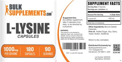 BulkSupplements.com L-Lysine Capsules 1000 mg source label used in the packaging illustration