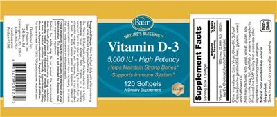Baar Nature's Blessing Vitamin D-3 5000 IU source label used in the packaging illustration