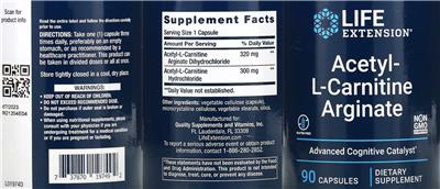 Life Extension Acetyl-L-Carnitine Arginate source label used in the packaging illustration
