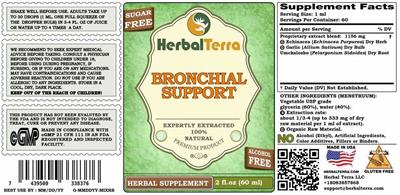 Herbal Terra Bronchial Support Sugar Free Alcohol Free source label used in the packaging illustration