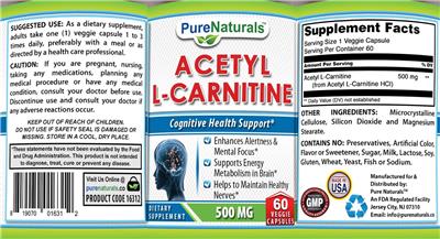 Pure Naturals Acetyl L-Carnitine 500 mg source label used in the packaging illustration