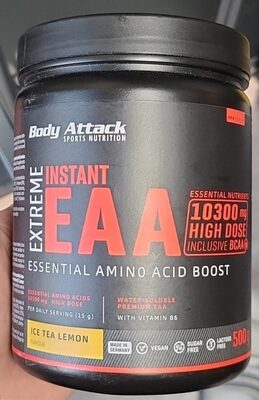 Body Attack Extreme Instant EAA Ice Tea Lemon Flavour source label used in the packaging illustration